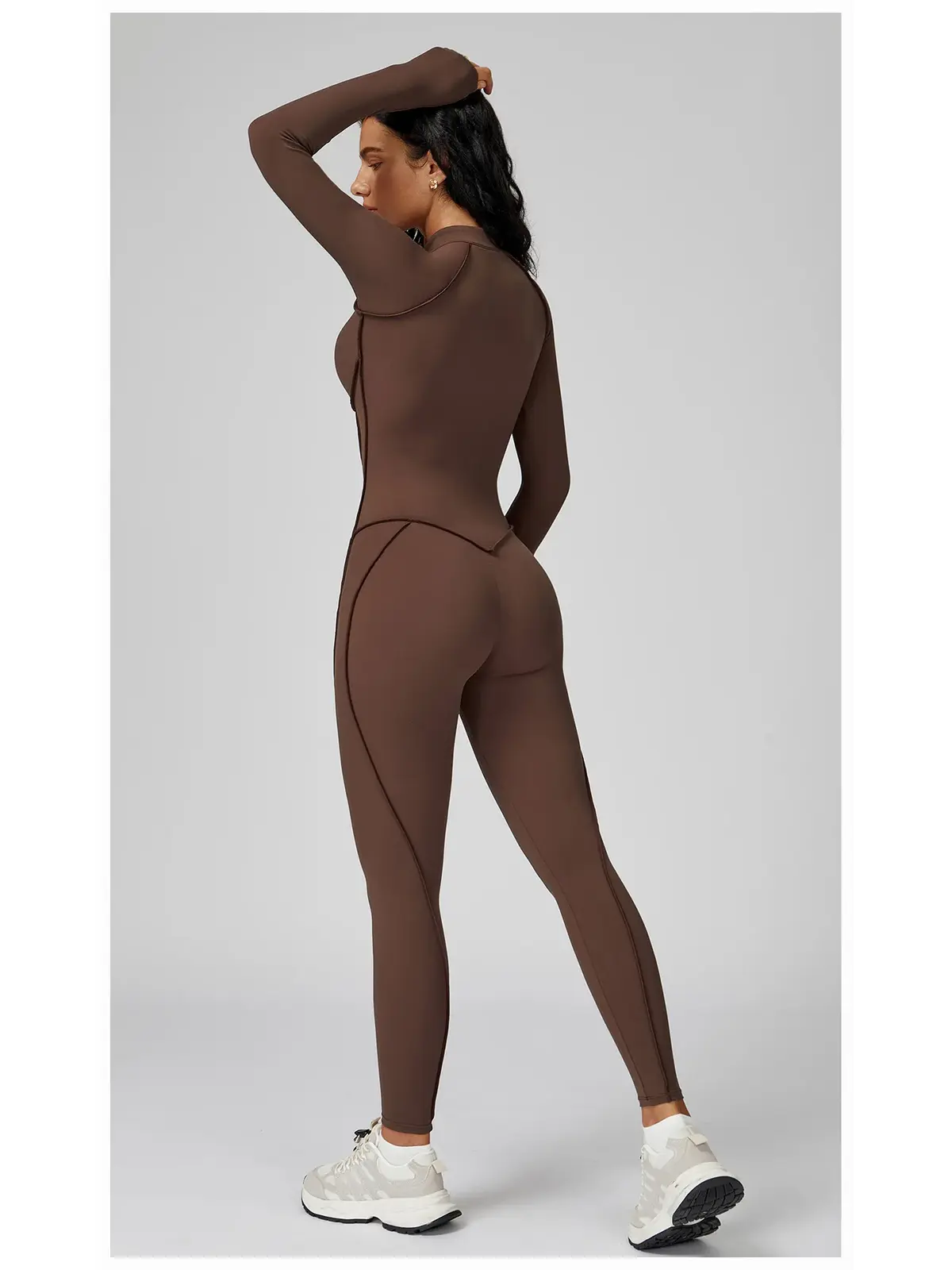 Cinderline Reverie Long-Sleeve Zip-Front Unitard — chocolate brown — authoritative variation match