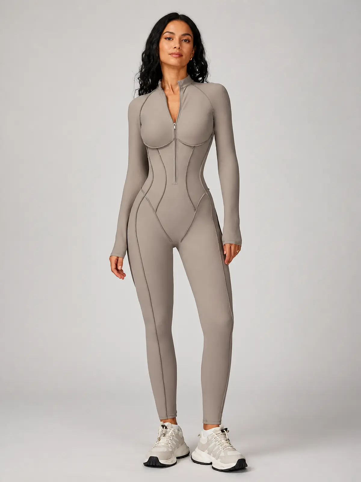 Cinderline Reverie Long-Sleeve Zip-Front Unitard — light taupe beige — authoritative variation match
