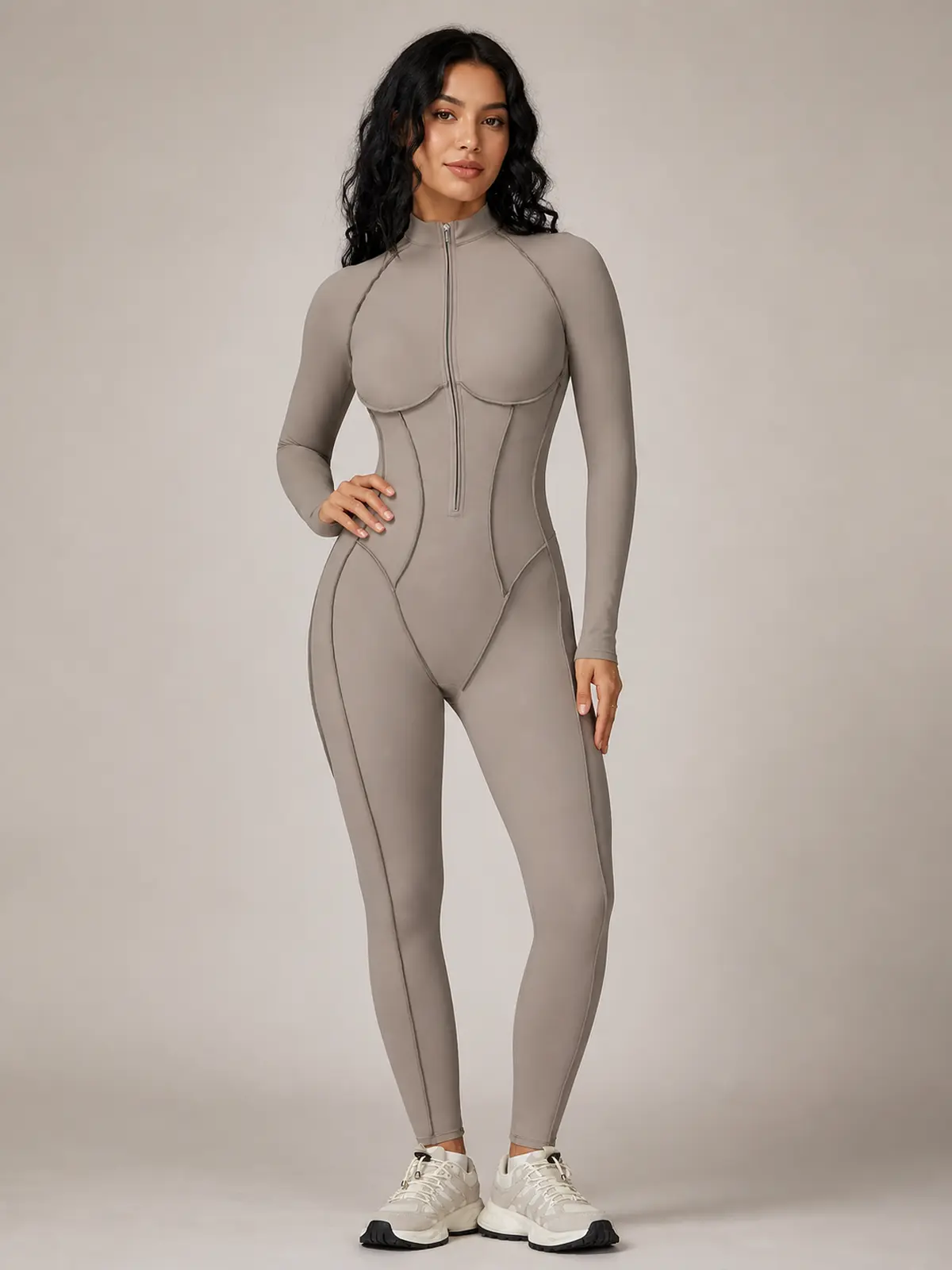 Cinderline Reverie Long-Sleeve Zip-Front Unitard — light taupe beige — authoritative variation match