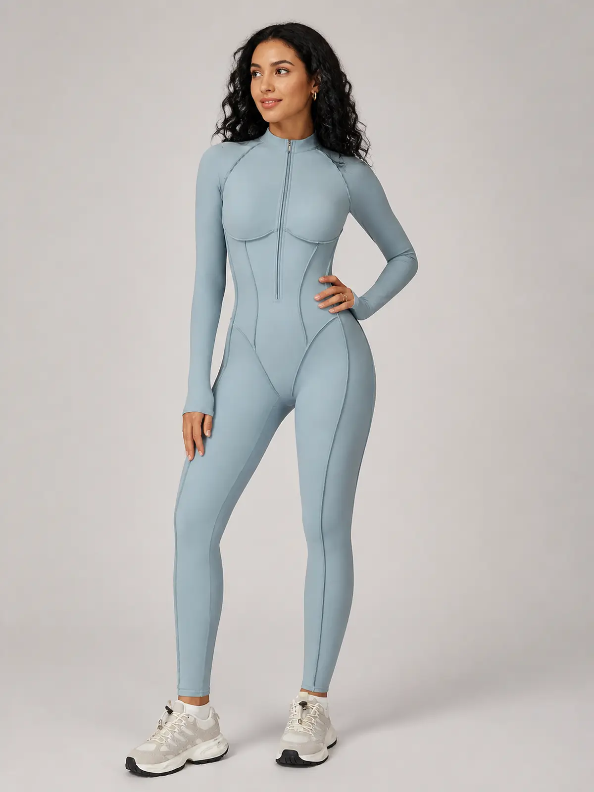 Cinderline Reverie Long-Sleeve Zip-Front Unitard — pale blue-gray — authoritative variation match