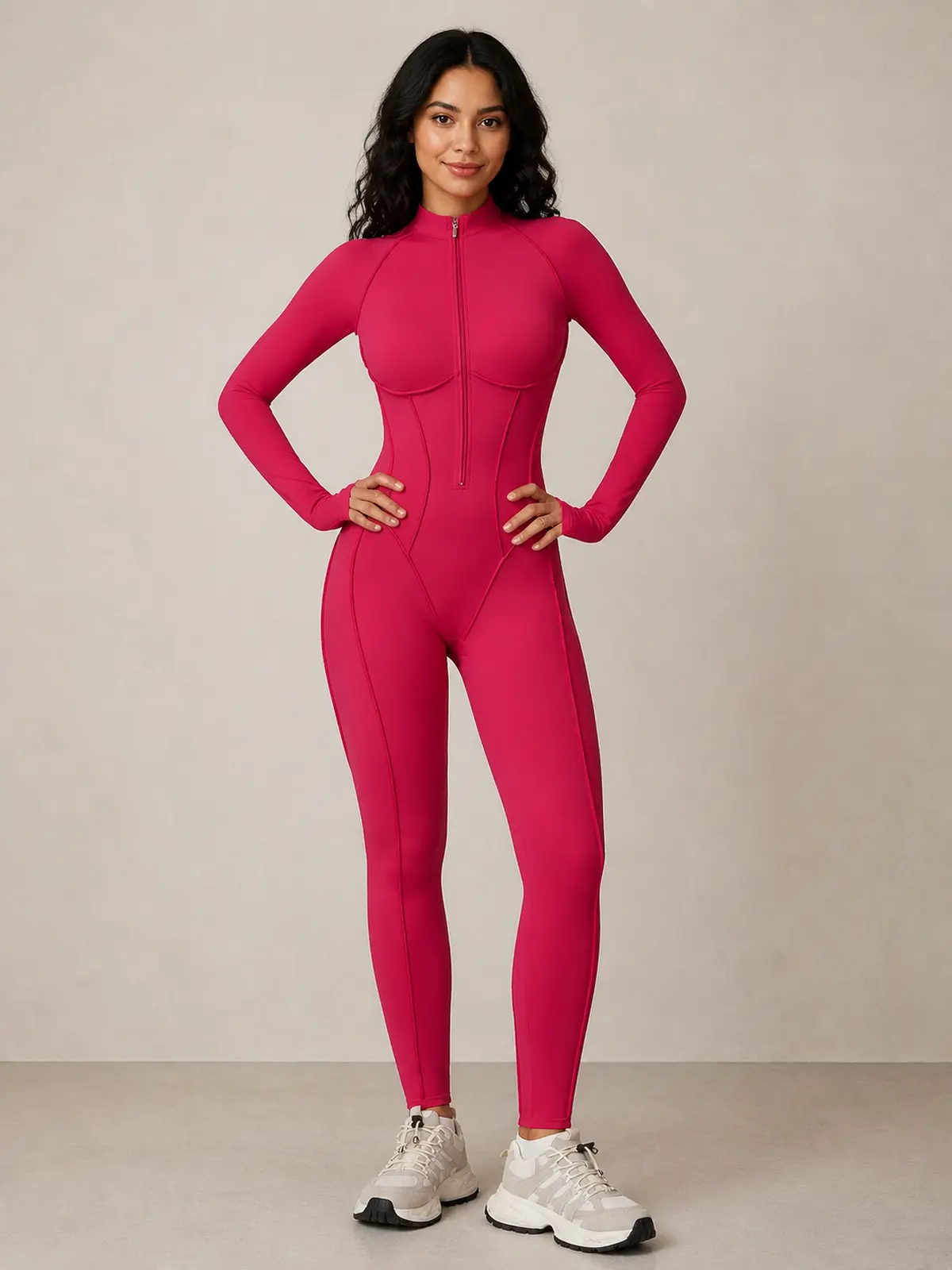 Cinderline Reverie Long-Sleeve Zip-Front Unitard — raspberry red — authoritative variation match
