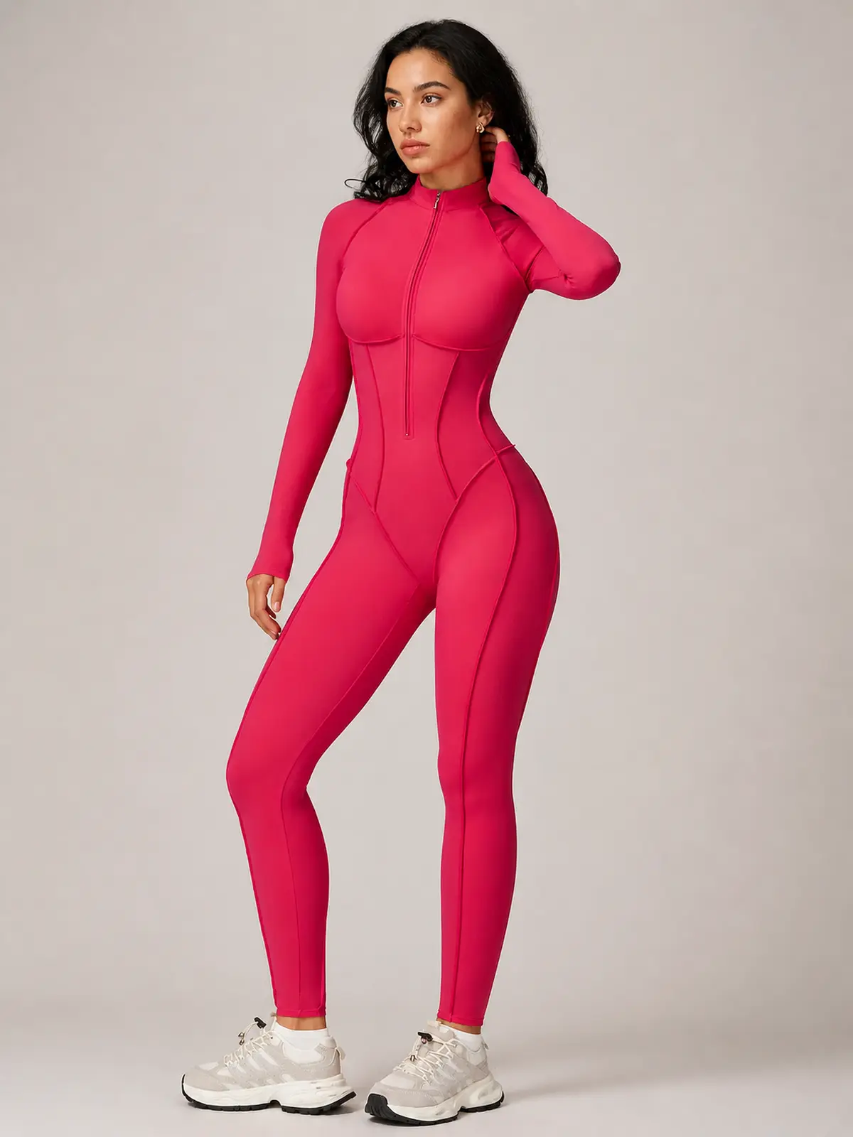 Cinderline Reverie Long-Sleeve Zip-Front Unitard — raspberry red — authoritative variation match