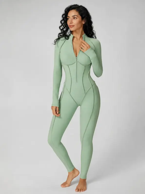 Cinderline Reverie Long-Sleeve Zip-Front Unitard — stone green — jumpsuit — authoritative variation match