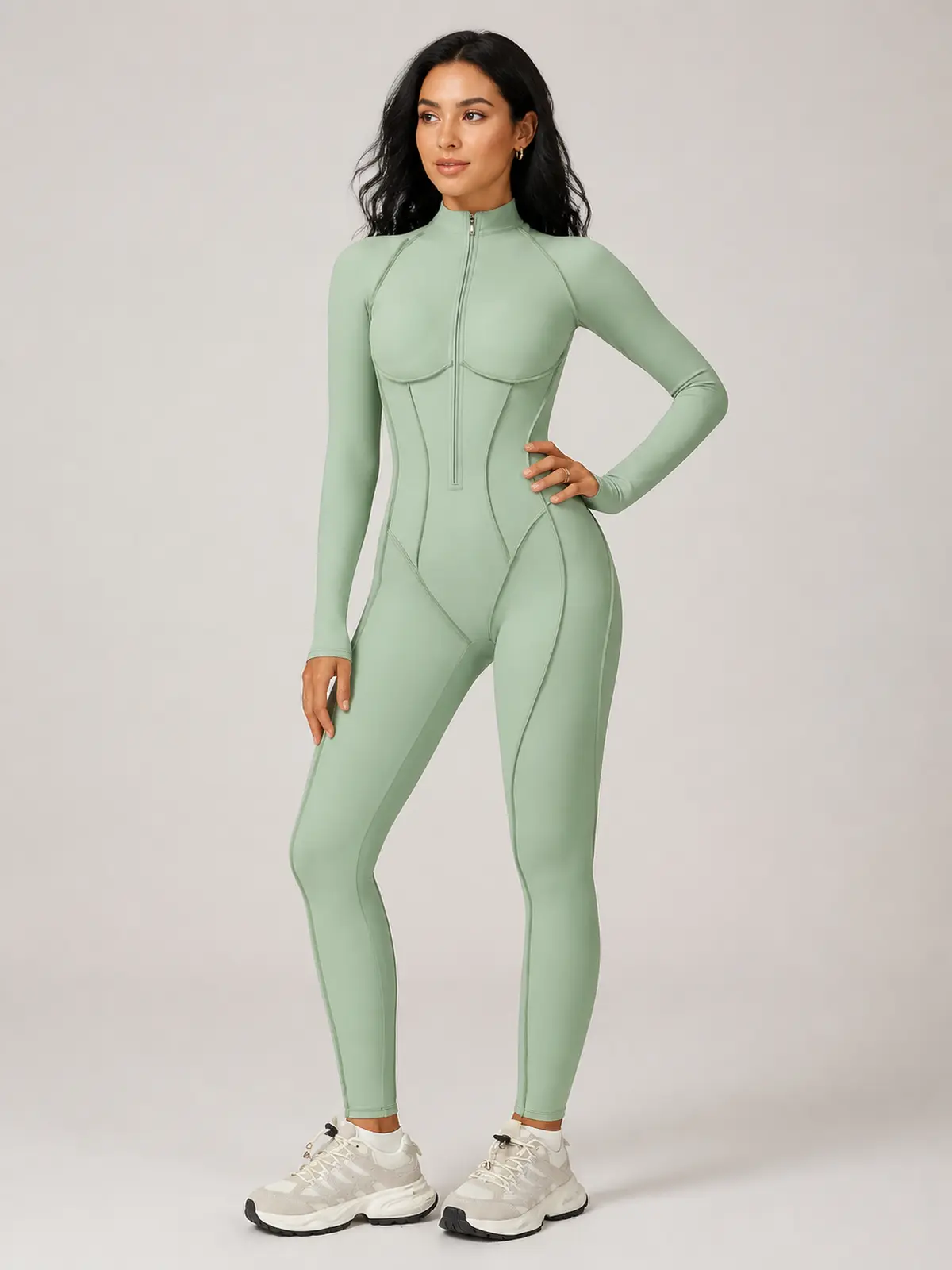 Cinderline Reverie Long-Sleeve Zip-Front Unitard — stone green — authoritative variation match