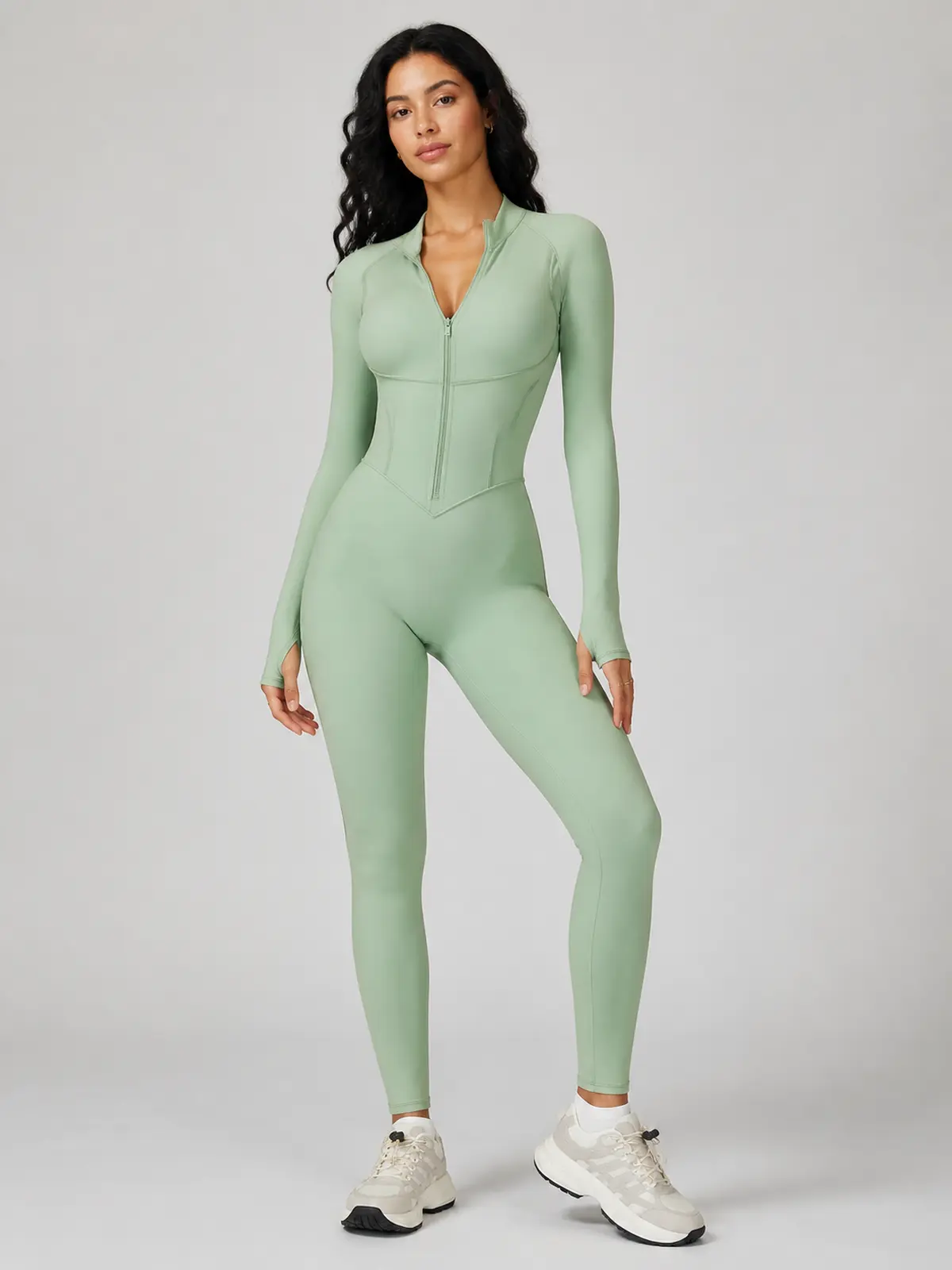 Cinderline Reverie Long-Sleeve Zip-Front Unitard — stone green — authoritative variation match