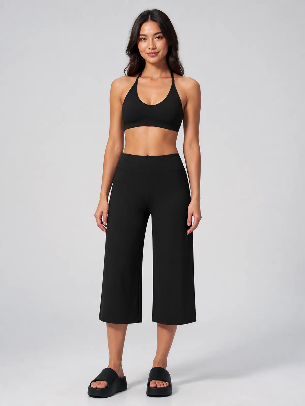 Citrine Note Halter Sports Bra and Capri Leggings Set — black — general — authoritative variation match