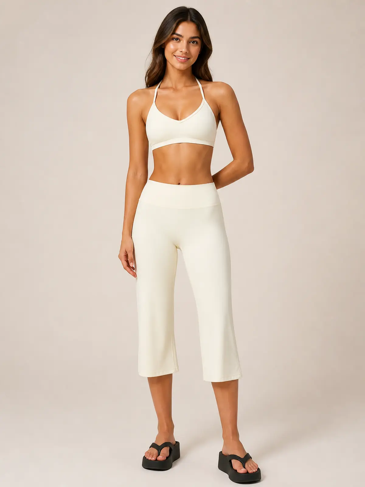 Citrine Note Halter Sports Bra and Capri Leggings Set — creamy white — general — authoritative variation match