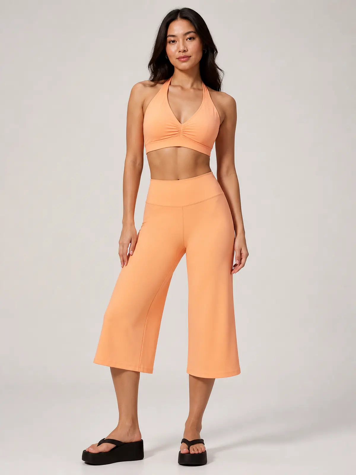 Citrine Note Halter Sports Bra and Capri Leggings Set — light orange — general — authoritative variation match