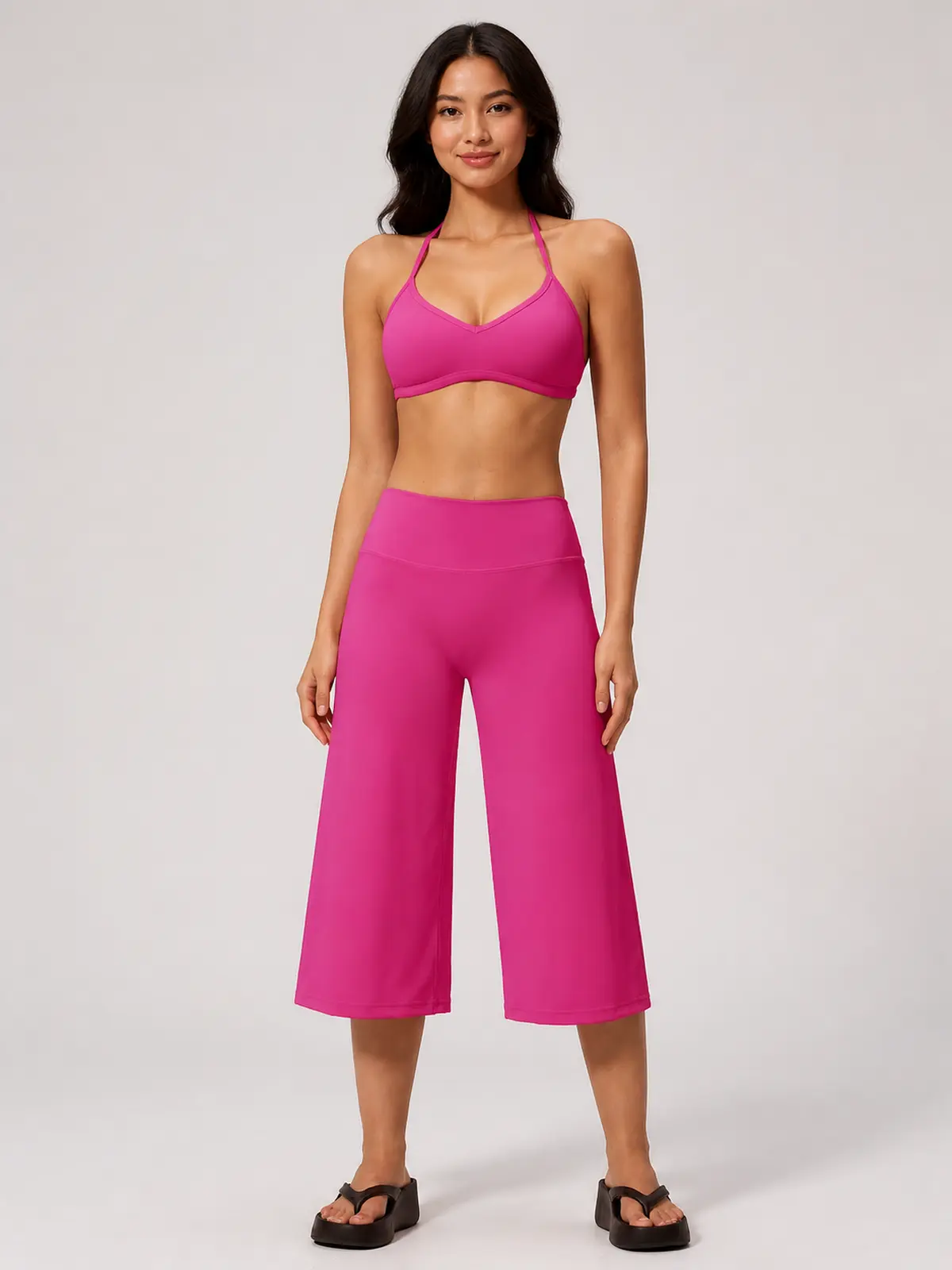 Citrine Note Halter Sports Bra and Capri Leggings Set — rose pink — general — authoritative variation match