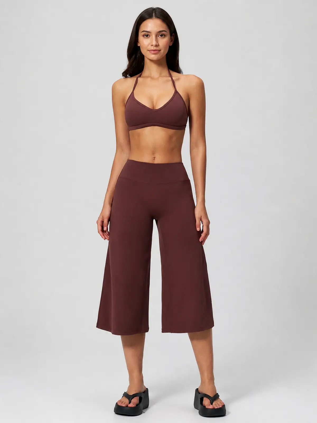 Citrine Note Halter Sports Bra and Capri Leggings Set — studio portrait