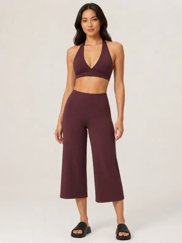 Citrine Note Halter Sports Bra and Capri Leggings Set — wine red — general — authoritative variation match