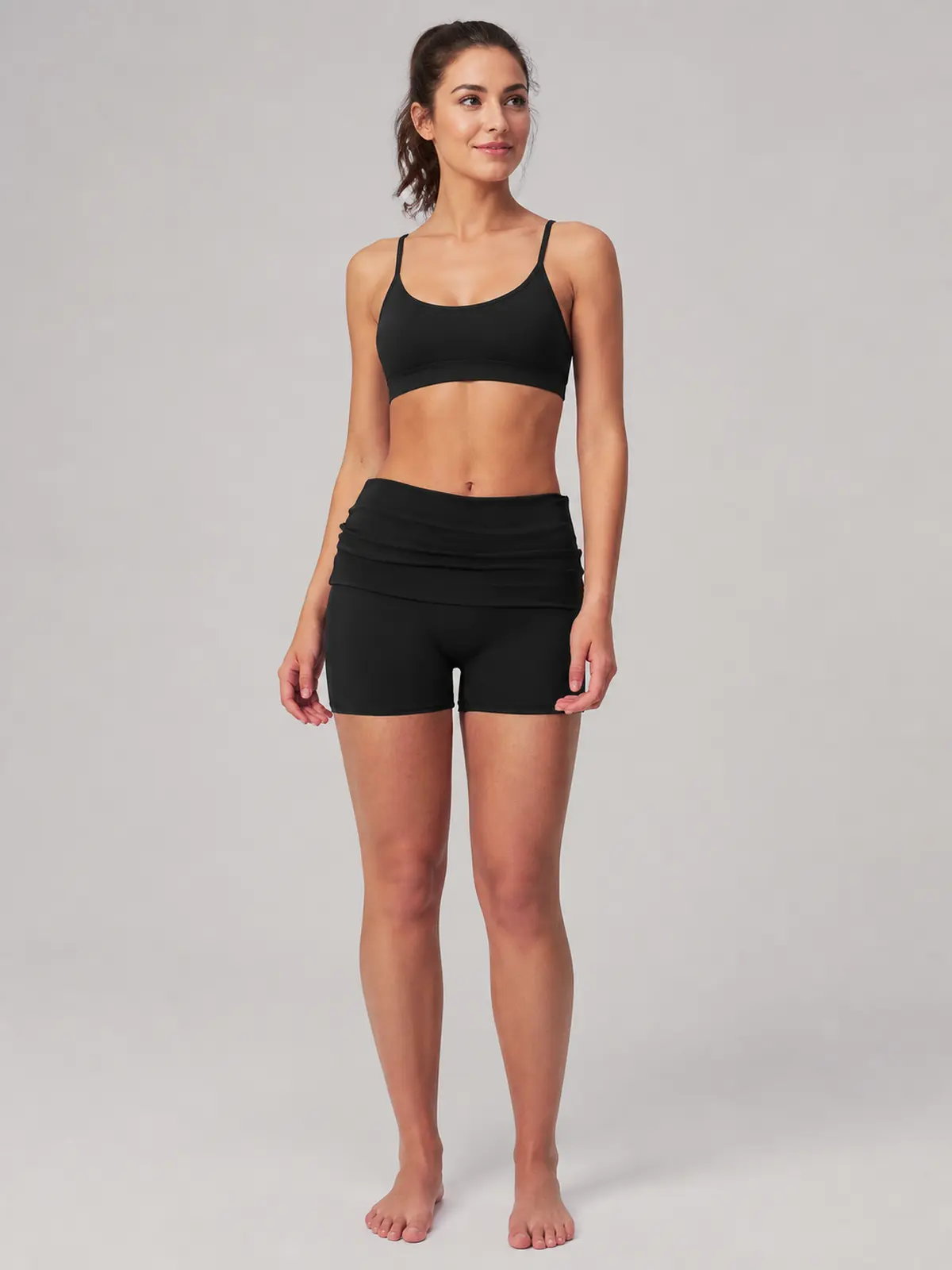 Clover Crest High-Rise Ruched Yoga Shorts — black — bike-shorts — authoritative variation image
