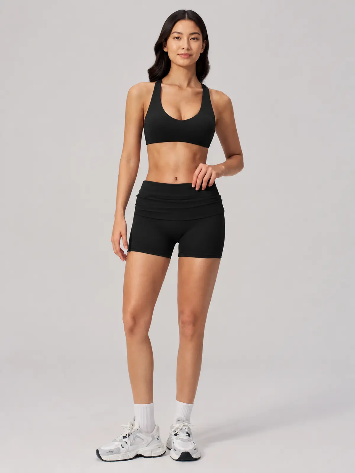 Clover Crest High-Rise Ruched Yoga Shorts — black — bike-shorts — authoritative variation match