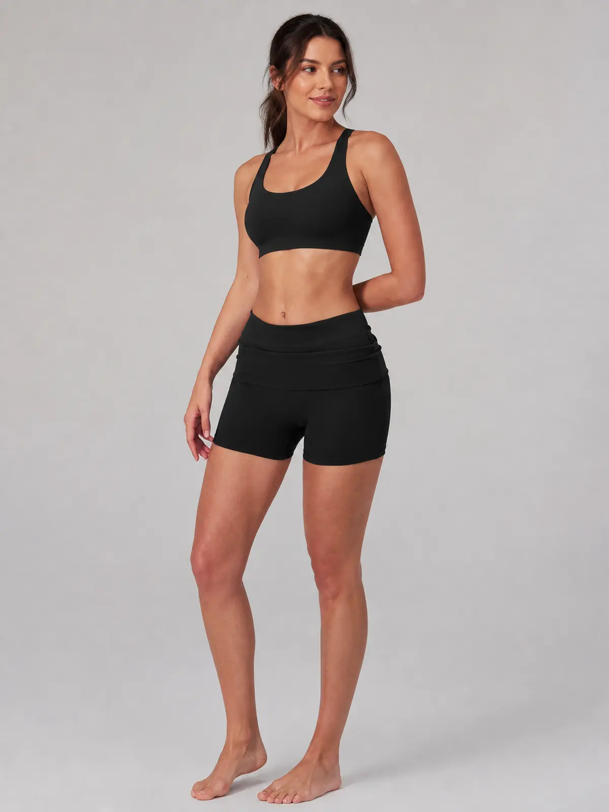 Clover Crest High-Rise Ruched Yoga Shorts — black — bike-shorts — authoritative variation match