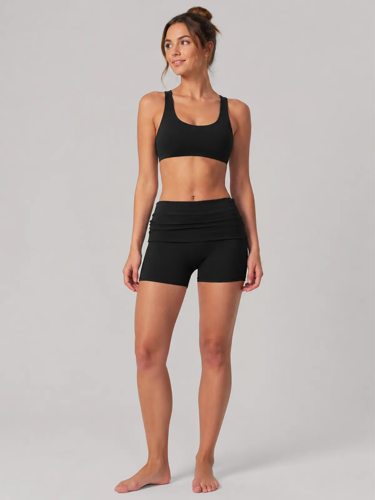 Clover Crest High-Rise Ruched Yoga Shorts — black — bike-shorts — authoritative variation match