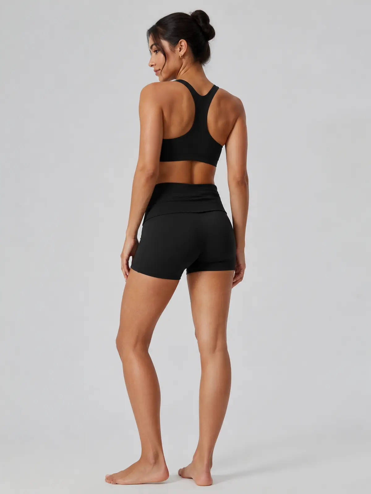 Clover Crest High-Rise Ruched Yoga Shorts — black — bike-shorts — authoritative variation match