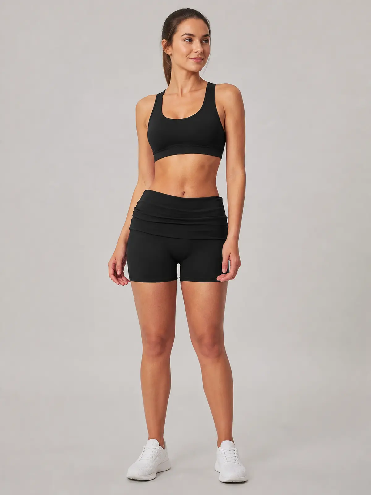 Clover Crest High-Rise Ruched Yoga Shorts — black — bike-shorts — authoritative variation match