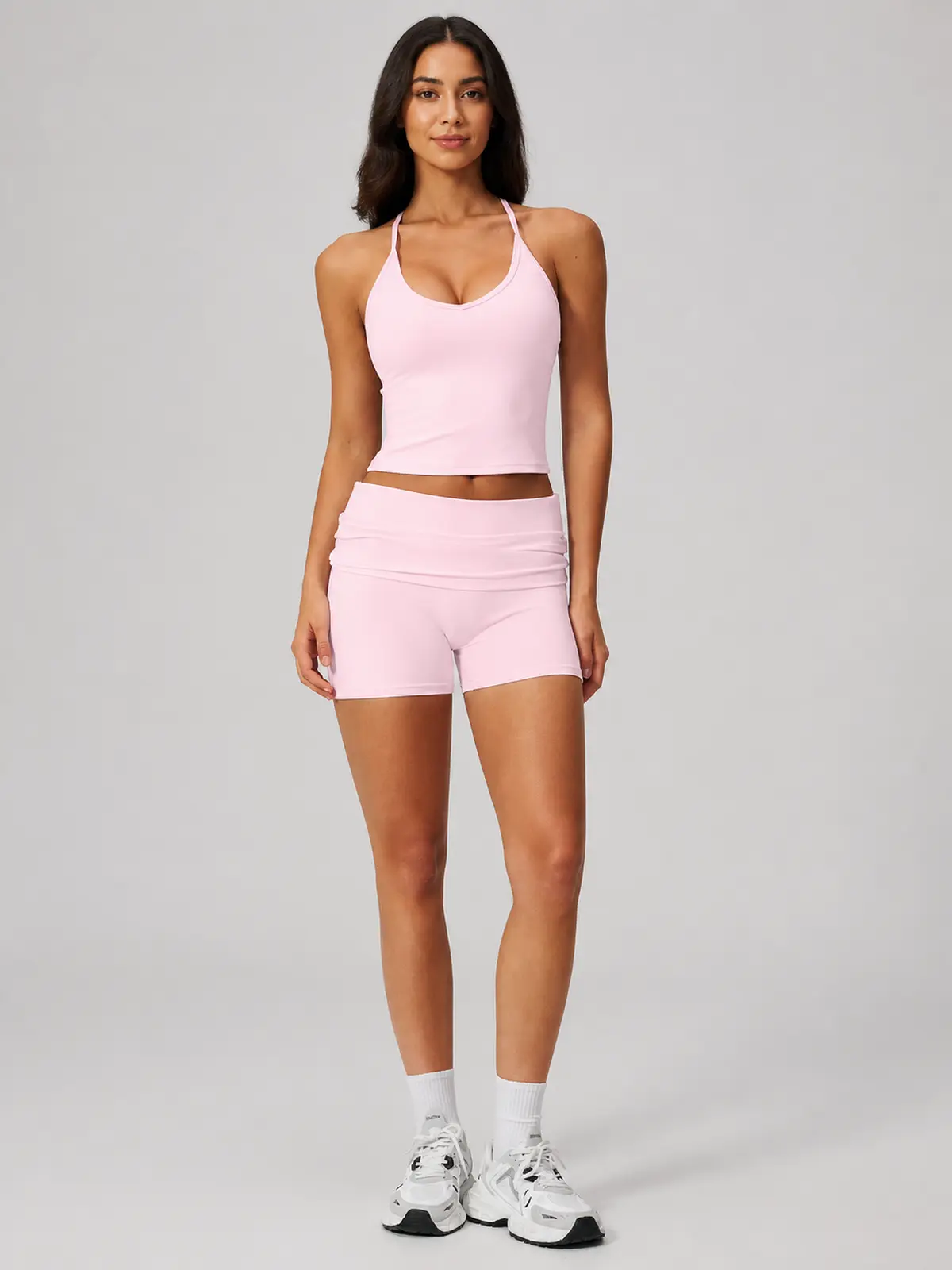 Clover Crest High-Rise Ruched Yoga Shorts — light pink — general — authoritative variation match