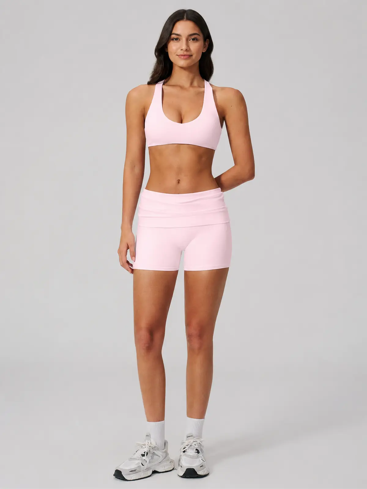 Clover Crest High-Rise Ruched Yoga Shorts — light pink — general — authoritative variation match