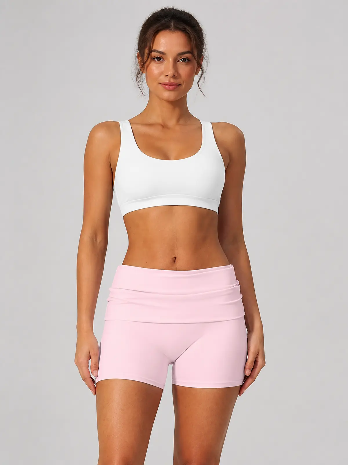 Clover Crest High-Rise Ruched Yoga Shorts — light pink — authoritative variation match