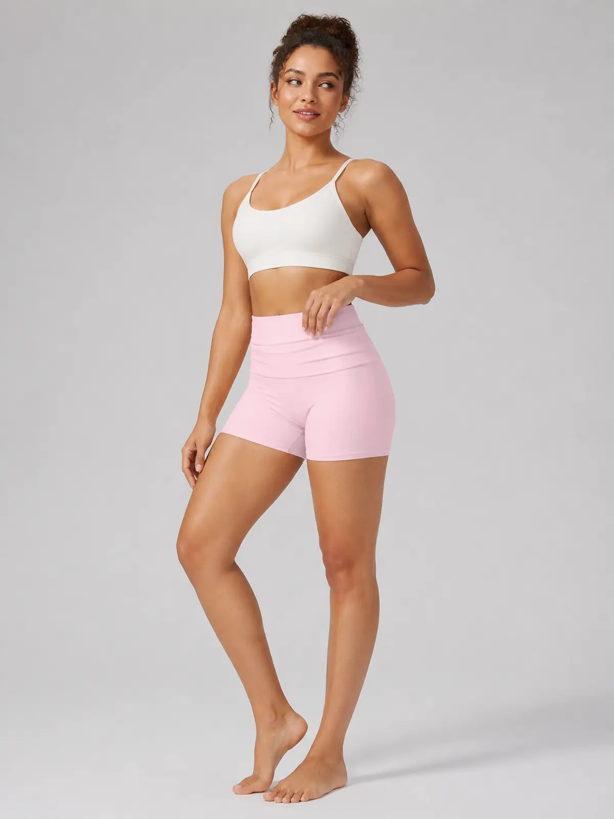 Clover Crest High-Rise Ruched Yoga Shorts — light pink — authoritative variation match