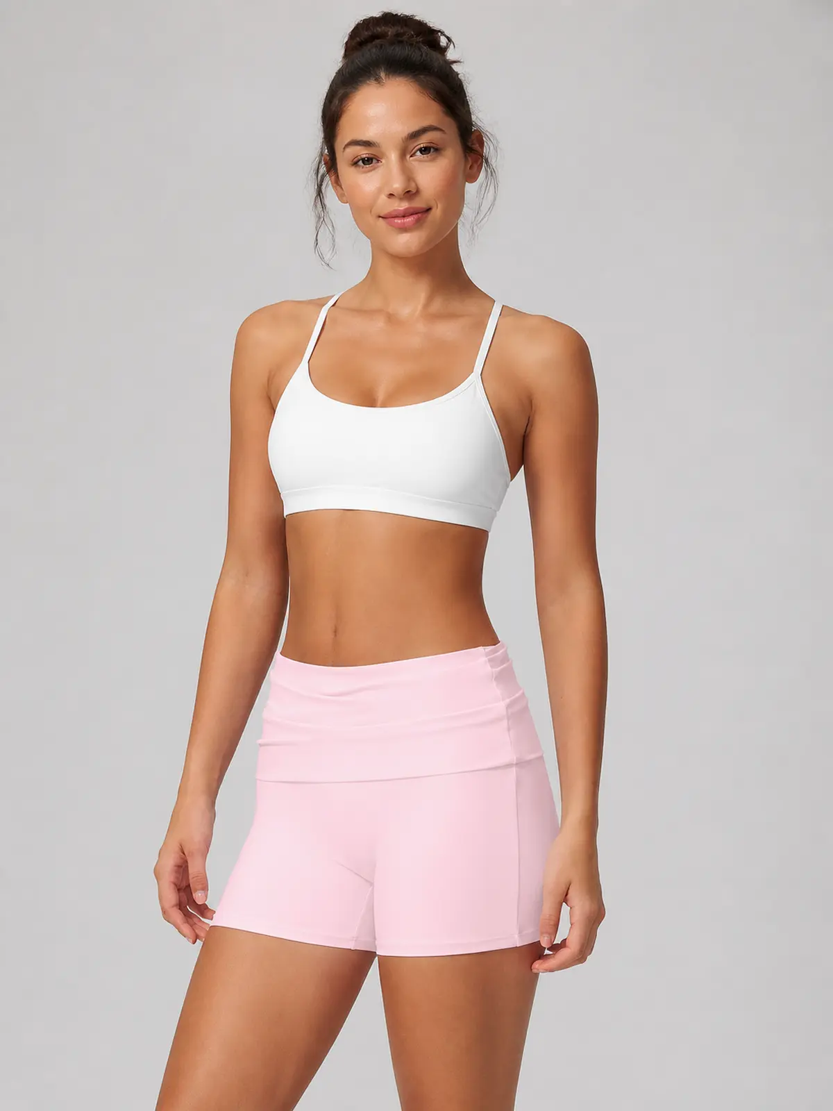 Clover Crest High-Rise Ruched Yoga Shorts — light pink — authoritative variation match