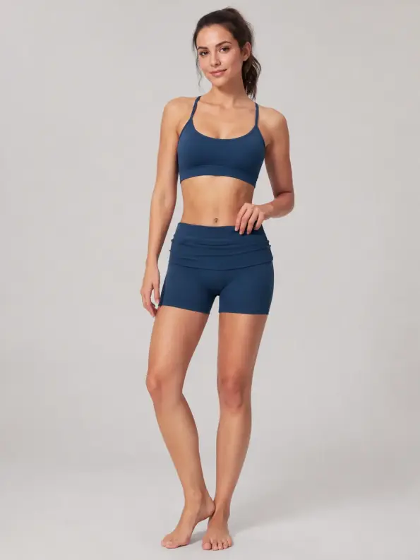 Clover Crest High-Rise Ruched Yoga Shorts — navy blue — bike-shorts — authoritative variation match