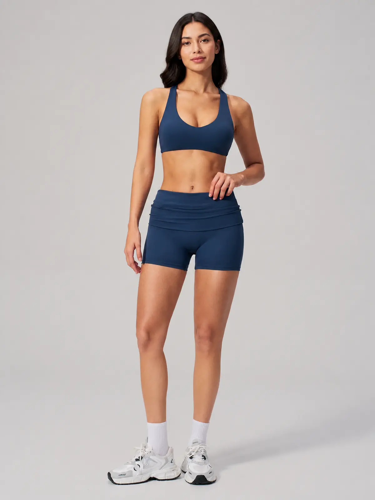 Clover Crest High-Rise Ruched Yoga Shorts — navy blue — general — authoritative variation match