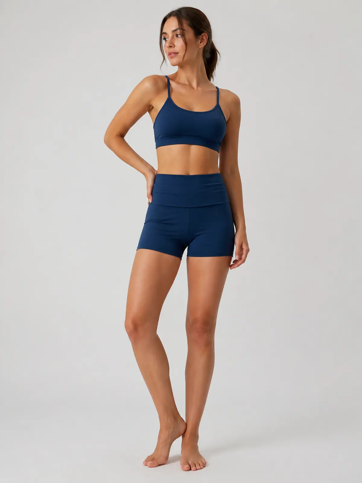 Clover Crest High-Rise Ruched Yoga Shorts — navy blue — authoritative variation match