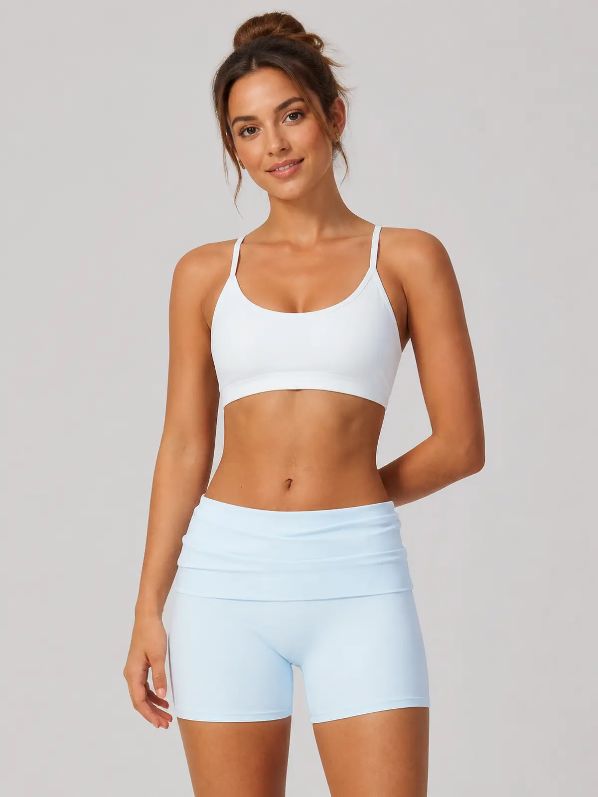 Clover Crest High-Rise Ruched Yoga Shorts — pale blue — bike-shorts — authoritative variation image