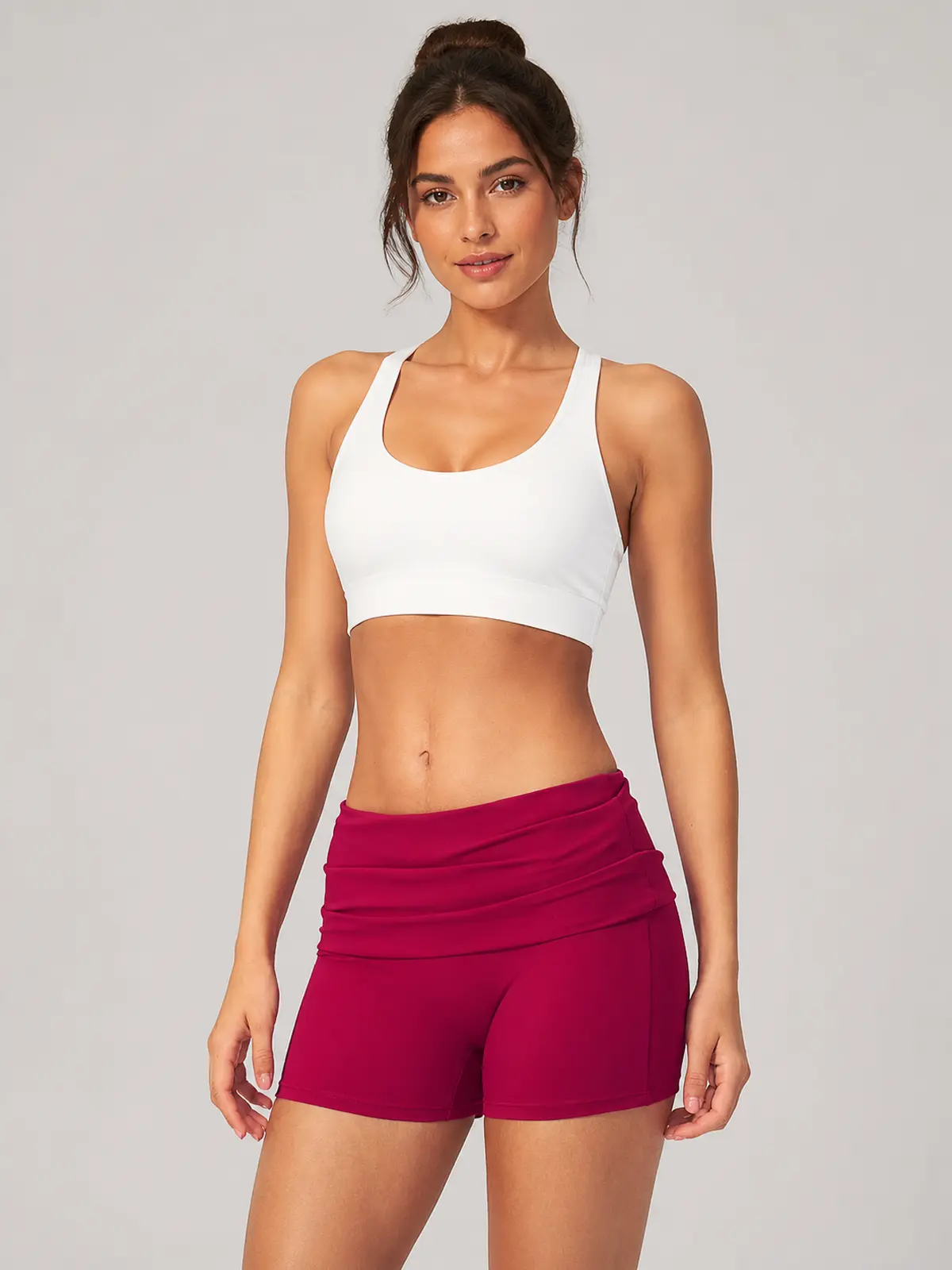 Clover Crest High-Rise Ruched Yoga Shorts — raspberry red — bike-shorts — authoritative variation match