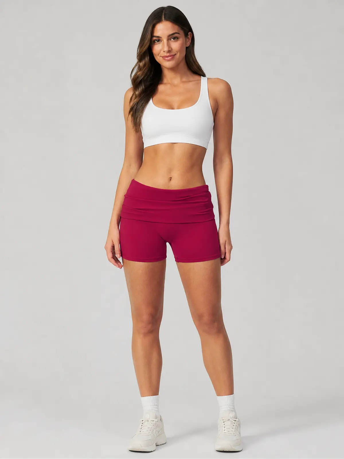 Clover Crest High-Rise Ruched Yoga Shorts — raspberry red — bike-shorts — authoritative variation match