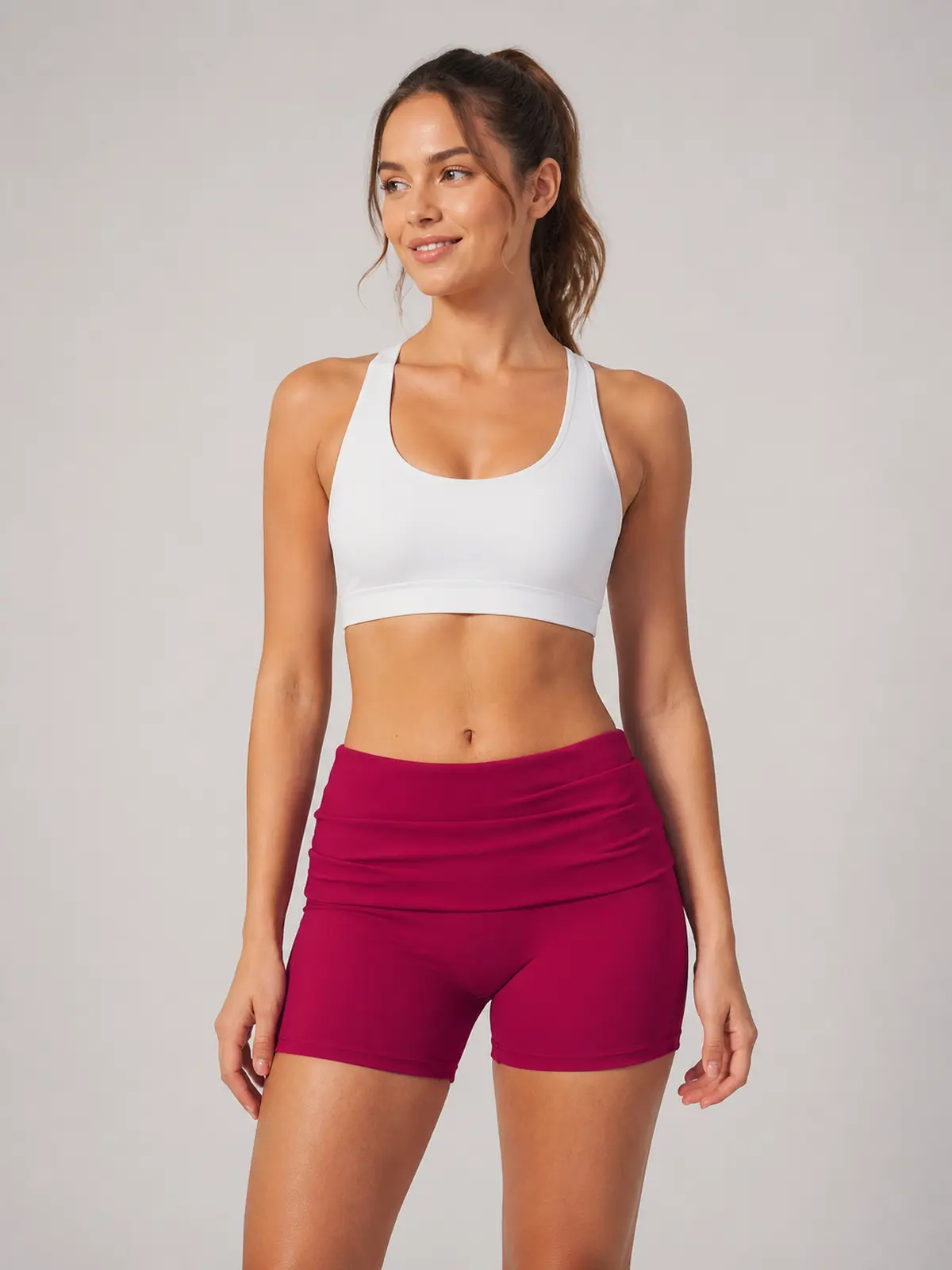 Clover Crest High-Rise Ruched Yoga Shorts — raspberry red — bike-shorts — authoritative variation match