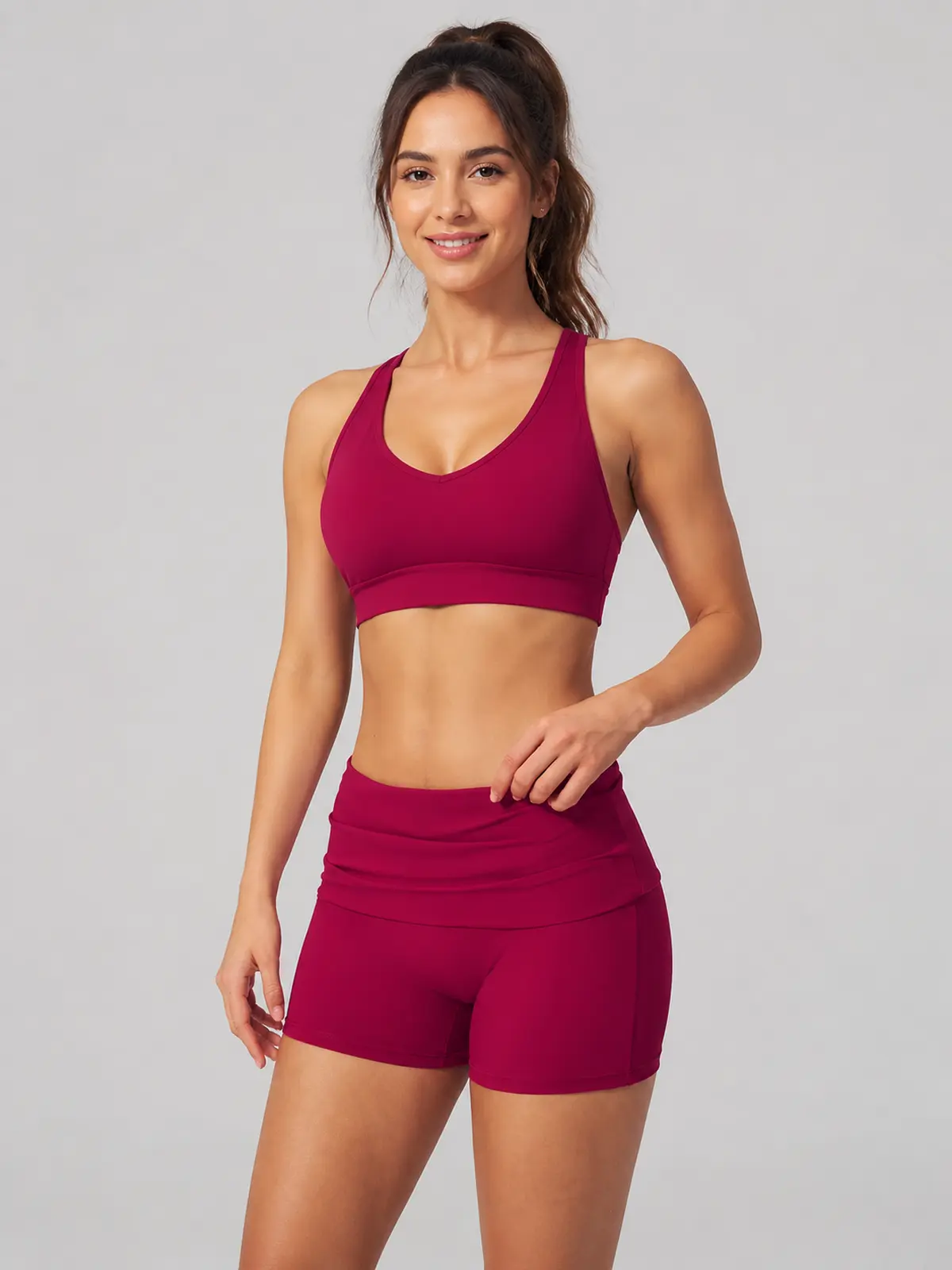Clover Crest High-Rise Ruched Yoga Shorts — raspberry red — authoritative variation match