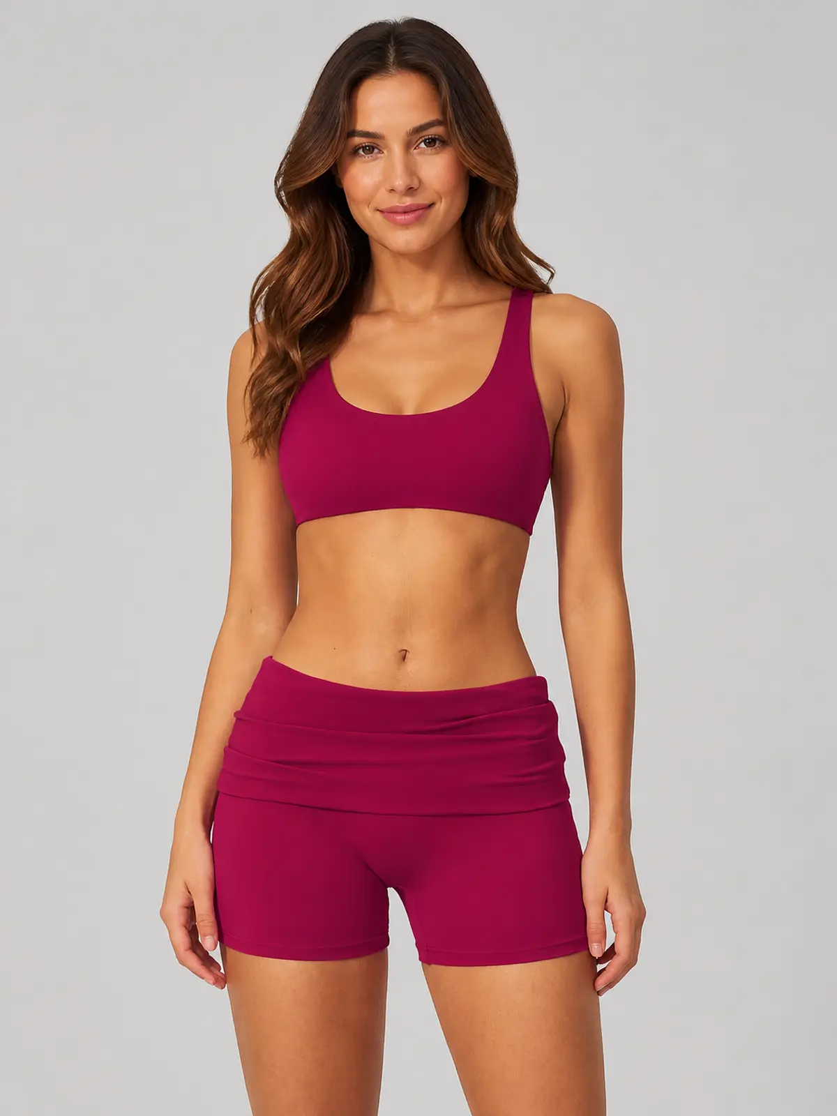 Clover Crest High-Rise Ruched Yoga Shorts — raspberry red — authoritative variation match