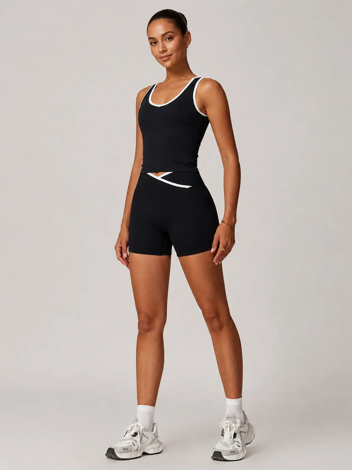 Clover Interval Tank Top and Bike Shorts Set — black with white trim — general — authoritative variation match