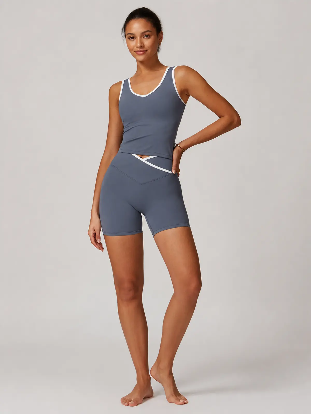 Clover Interval Tank Top and Bike Shorts Set — blue gray with white trim — general — authoritative variation image