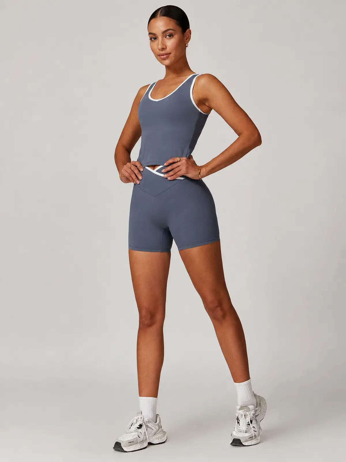 Clover Interval Tank Top and Bike Shorts Set — blue gray with white trim — general — authoritative variation match