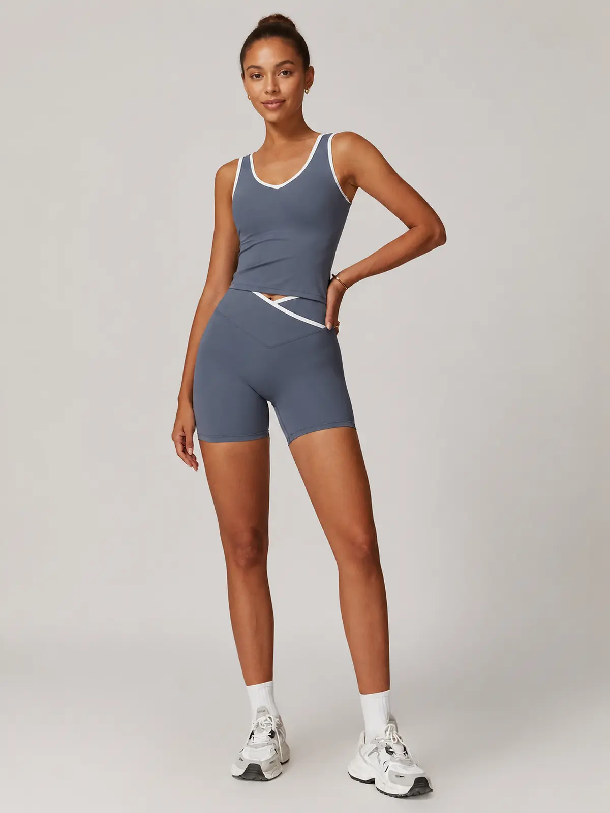 Clover Interval Tank Top and Bike Shorts Set — blue gray with white trim — general — authoritative variation match