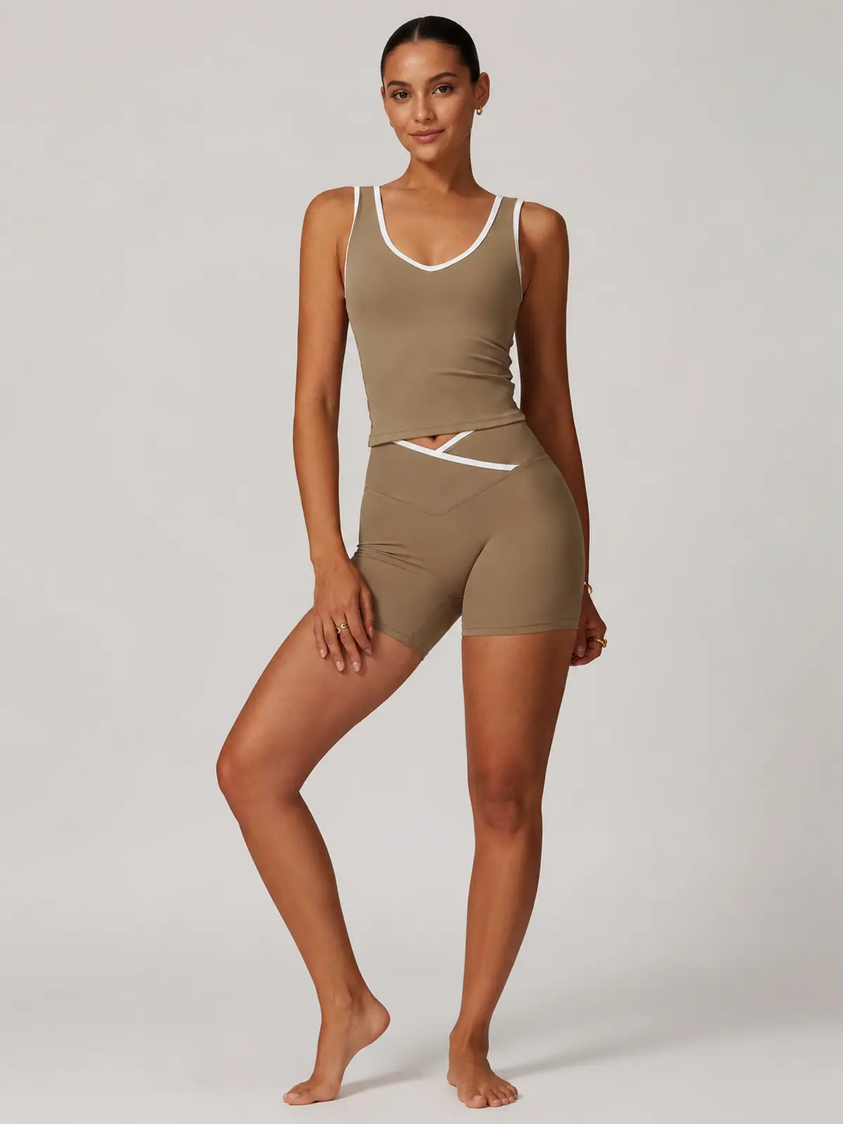 Clover Interval Tank Top and Bike Shorts Set — cocoa brown with white contrast trim — general — authoritative variation image