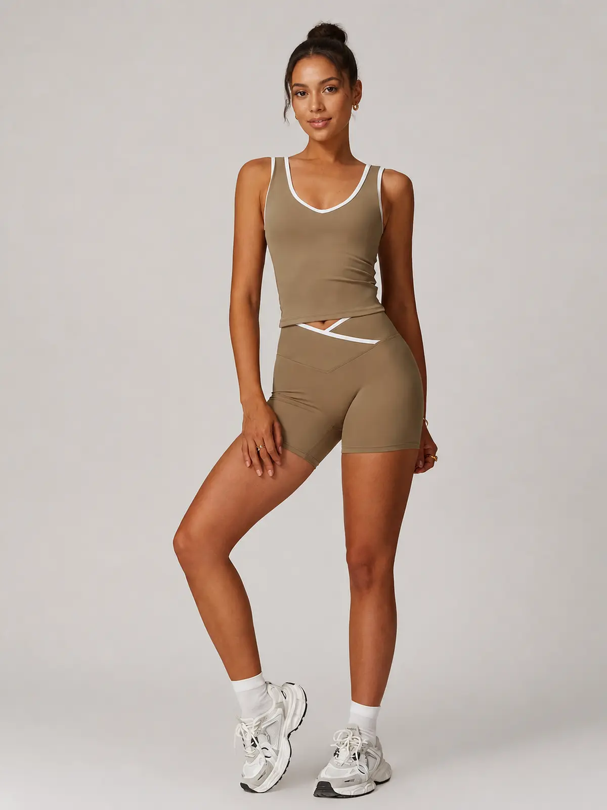 Clover Interval Tank Top and Bike Shorts Set — cocoa brown with white contrast trim — general — authoritative variation match