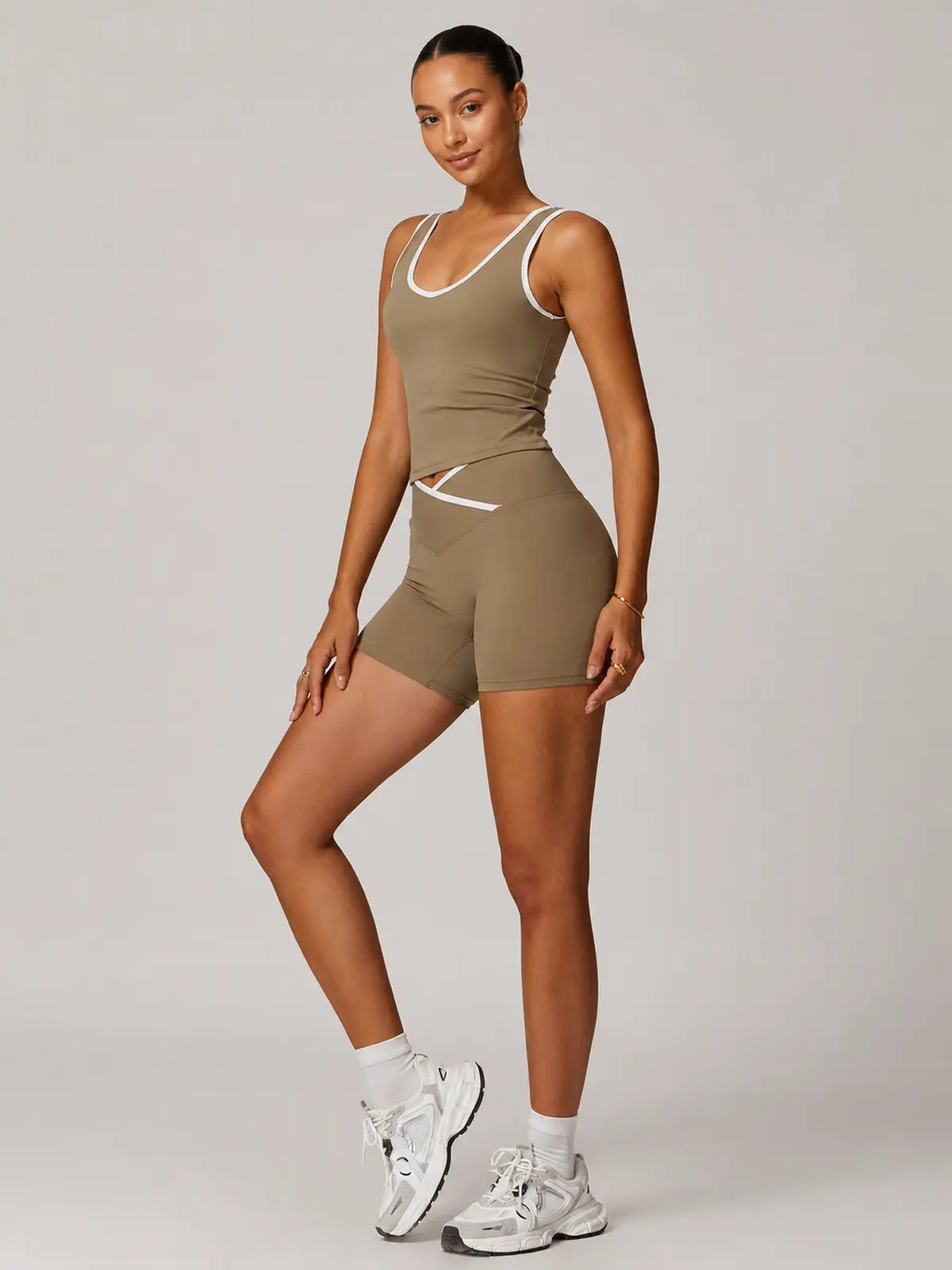 Clover Interval Tank Top and Bike Shorts Set — cocoa brown with white contrast trim — general — authoritative variation match