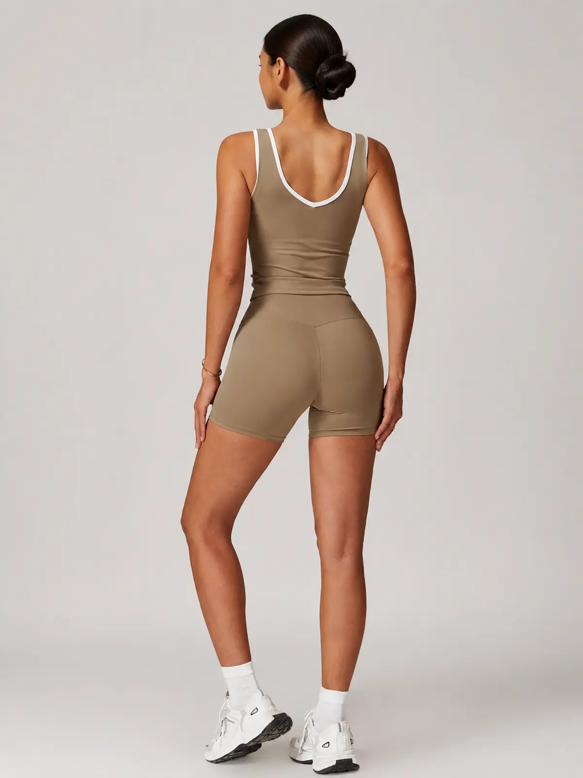 Clover Interval Tank Top and Bike Shorts Set — cocoa brown with white contrast trim — general — authoritative variation match