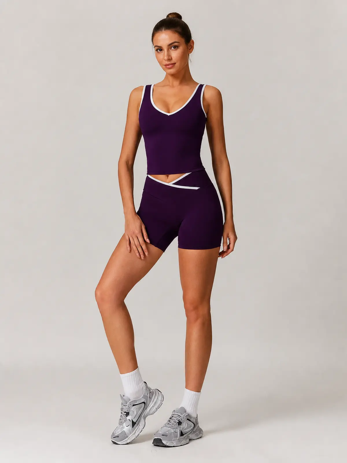 Clover Interval Tank Top and Bike Shorts Set — deep purple with white contrast trim — general — authoritative variation image