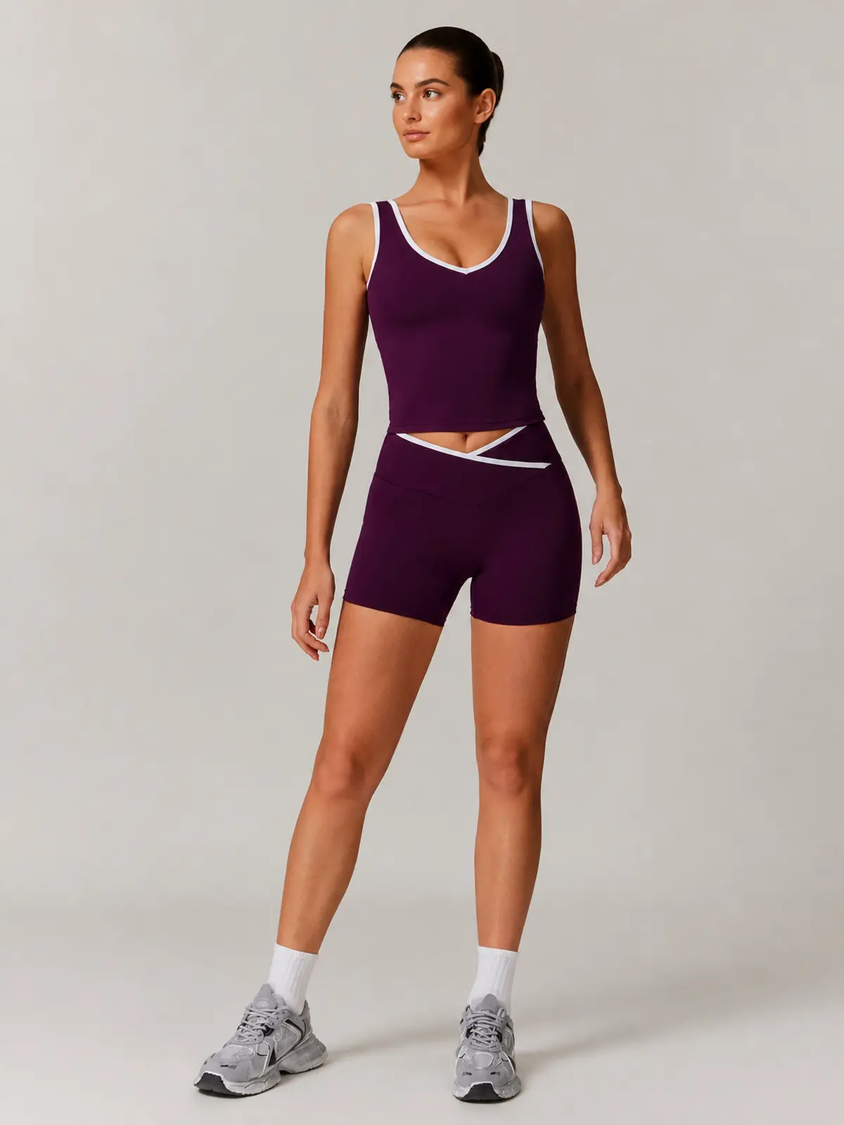 Clover Interval Tank Top and Bike Shorts Set — deep purple with white contrast trim — general — authoritative variation match