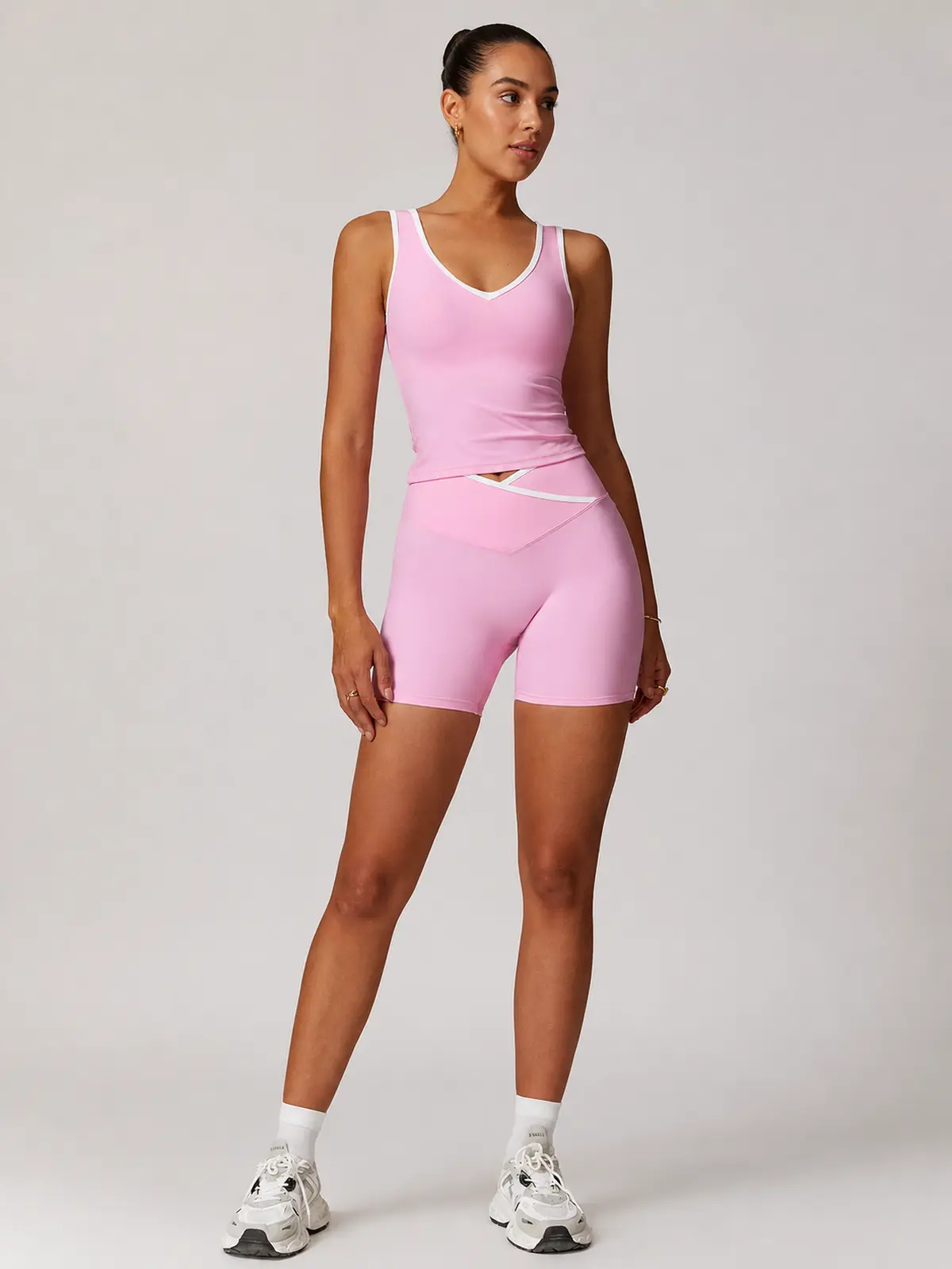 Clover Interval Tank Top and Bike Shorts Set — light pink with white trim — general — authoritative variation match