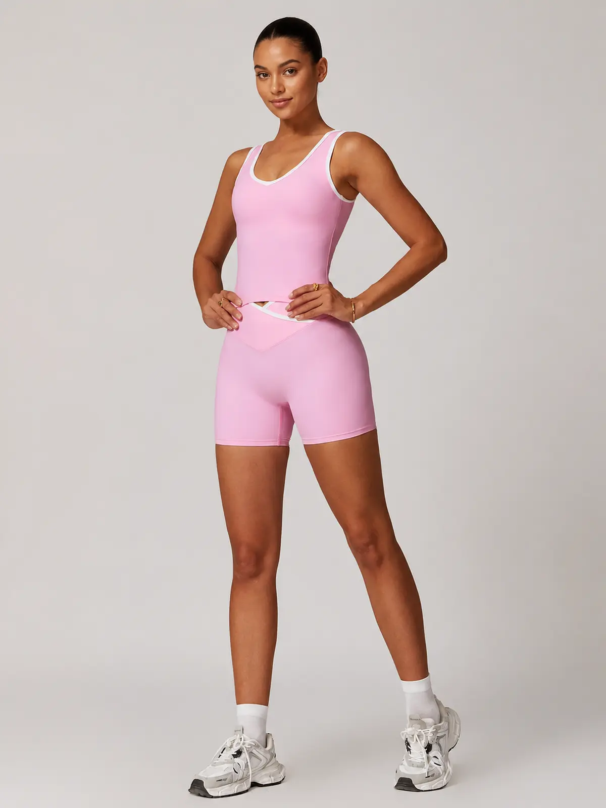 Clover Interval Tank Top and Bike Shorts Set — light pink with white trim — general — authoritative variation match