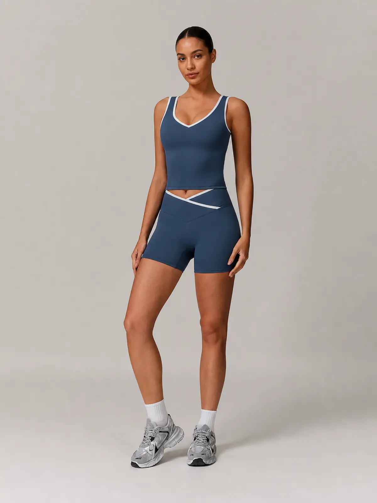 Clover Interval Tank Top and Bike Shorts Set — navy blue with white trim — general — authoritative variation image