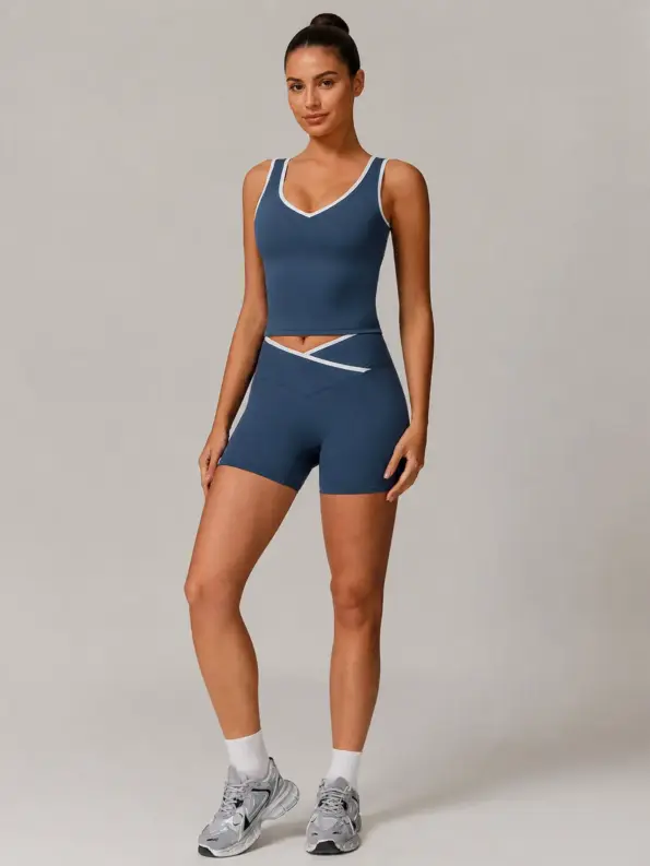 Clover Interval Tank Top and Bike Shorts Set — navy blue with white trim — general — authoritative variation match