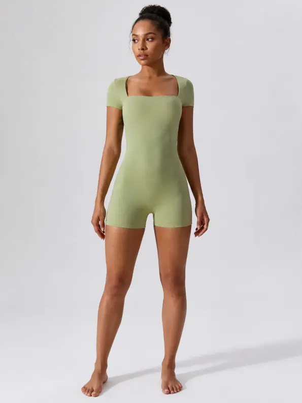 Contour Meadow Short-Sleeve Yoga Romper — light matcha green — authoritative variation match